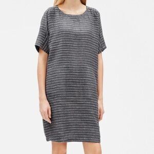 Eileen Fisher Organic Linen Delave Pinstripe Scoop Neck Tunic Dress Pocket Grey